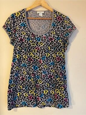 Soft Passions Gray 100% Cotton Neon Colorful Leopard Spot Print Tunic Tee XL